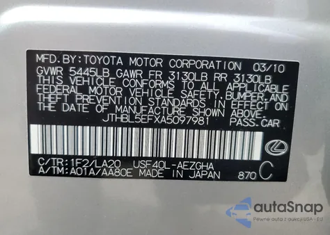 2010 Lexus Ls 460 from USA, damaged, VIN JTHBL5EFXA5097981